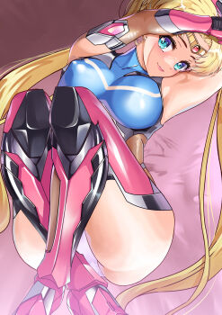 1girl absurdres arion_canvas ass bishoujo_senshi_sailor_moon blonde_hair blue_eyes bodysuit breasts covered_erect_nipples double_bun hair_bun highres large_breasts long_hair looking_at_viewer lying on_back sailor_moon skin_tight smile solo taimanin_(series) taimanin_suit tsukino_usagi twintails