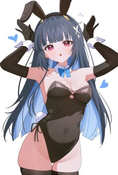 1girl absurdres animal_ears armpits arms_up bare_shoulders black_gloves black_leotard black_thighhighs blue_bow blue_hair blunt_bangs bow breasts cleavage commentary_request covered_navel detached_collar elbow_gloves gloves hair_ornament heart highres laurel_crown leotard long_hair medium_breasts nazuka_(stella_sora) open_mouth playboy_bunny rabbit_ears rabbit_tail red_eyes shusuchii side-tie_leotard solo stella_sora sweatdrop tail thick_thighs thigh_gap thighhighs thighs white_background wide_hips wrist_cuffs x_hair_ornament