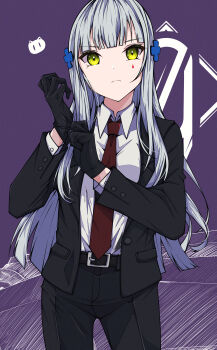 Rule 34 | 1girl, 404 logo (girls' frontline), absurdres, adjusting clothes, adjusting gloves, alternate costume, between breasts, black gloves, black pants, black suit, breasts, business suit, collared shirt, cross, facepaint, formal clothes, frown, girls' frontline, gloves, green eyes, hair ornament, hairclip, hands up, highres, hk416 (girls' frontline), iron cross, kakuzatou (cubesugar03196), long hair, looking at viewer, medium breasts, necktie, necktie between breasts, pants, red necktie, serious, shirt, solo, suit, teardrop, very long hair, white hair, white shirt