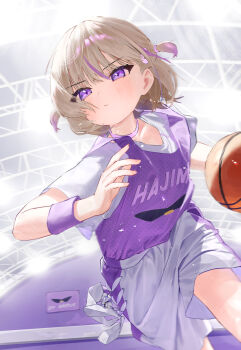 1girl absurdres basketball_jersey basketball_uniform blonde_hair character_name closed_mouth clothes_writing commentary dribbling_(basketball) english_commentary highres hololive hololive_dev_is indoors purple_eyes purple_streaks selopangji shirt shirt_tucked_in short_hair shorts solo sportswear sweatband t-shirt todoroki_hajime two_side_up virtual_youtuber white_shirt white_shorts