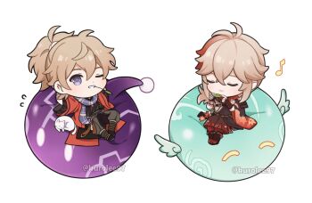 2boys ^_^ anemo_slime_(genshin_impact) antenna_hair armor arms_behind_head arms_up artist_name asymmetrical_sleeves bandaged_arm bandaged_hand bandages black_gloves black_kimono black_scarf blonde_hair blue_scarf blush brown_shorts cat chibi closed_eyes closed_mouth clothing_cutout coat commentary crossed_bangs english_commentary fingerless_gloves flying_sweatdrops genshin_impact gloves grey_hair grey_pants grin hair_between_eyes hakama hakama_shorts haori high_ponytail highres hip_vent holding holding_leaf japanese_armor japanese_clothes kaedehara_kazuha kazuha's_friend_(genshin_impact) kimono kuro_lee leaf leaf_print long_hair long_sleeves looking_at_viewer low_ponytail male_focus maple_leaf_print mismatched_sleeves mouth_hold multicolored_hair multiple_boys musical_note off_shoulder one_eye_closed open_clothes open_coat pants pantyhose ponytail purple_eyes red_coat red_hair red_pantyhose red_scarf scarf short_sleeves shorts shoulder_armor sidelocks simple_background single_sode sitting slime_(creature) slime_(genshin_impact) smile sode stalk_in_mouth streaked_hair teeth twitter_username u_u vision_(genshin_impact) white_background white_cat white_kimono wide_sleeves