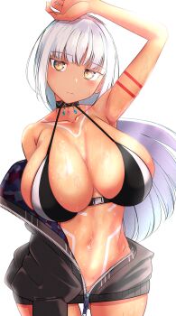 1girl arm_up azur_lane black_bra black_jacket blush bra breasts choker collarbone dark-skinned_female dark_skin dot_nose female_focus functionally_nude head_tilt huge_breasts jacket kuyu730 long_hair massachusetts_(azur_lane) navel open_clothes open_jacket original shiny_skin solo standing sweat underwear white_background white_hair yellow_eyes