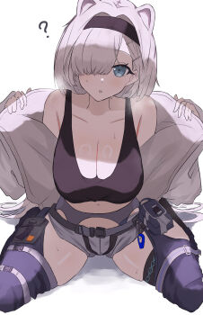 Rule 34 | 1girl, :o, ?, absurdres, animal ears, arknights, aurora (arknights), bear ears, bear girl, black hairband, black sports bra, blue eyes, breasts, cleavage, collared shirt, extra ears, grey hair, grey shorts, hair over one eye, hairband, highres, jacket, large breasts, long hair, navel, open clothes, open jacket, parted lips, removing jacket, ring light reflection, shirt, short shorts, shorts, simple background, sitting, skindentation, solo, sports bra, thighs, very long hair, wariza, white background, yashiro 3108