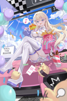 1girl absurdres baby_animal balloon bird blonde_hair blue_eyeliner blue_eyes blue_sky boots braid breasts bucket_of_chicken burger car cheese chick chinese_commentary cloud cola collared_shirt commentary_request confetti crop_top crossed_bangs crossed_legs cup day disposable_cup eating eyeliner facial_mark floating_hair food food_on_face french_fries gradient_hair hair_between_eyes hair_ornament hairclip heart heart_in_eye high_heel_boots high_heels highres holding holding_burger holding_food jacket ketchup lamborghini lamborghini_aventador large_breasts legs lens_flare long_hair long_sleeves looking_at_viewer makeup motor_vehicle multicolored_hair musical_note necktie on_car open_mouth pink_car purple_hair purple_necktie race_queen see-through_clothes see-through_skirt shirt short_necktie shorts side_ahoge single_earphone single_sleeve_past_fingers sitting skirt sky soda solo split-color_clothes spoken_musical_note sports_car stadium sun sweat symbol_in_eye thigh_boots thighhighs thighs user_20578587 very_long_hair virtual_youtuber wing_hair_ornament xia_mifan xuyan_xueyuan zipper