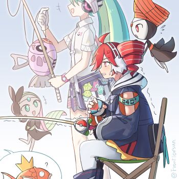 2girls alternate_color drill_hair feebas frontiersun gen_1_pokemon gen_3_pokemon gen_5_pokemon hatsune_miku highres holding holding_poke_ball kasane_teto legendary_pokemon lure_ball magikarp meloetta meloetta_(pirouette) multiple_girls mythical_pokemon nintendo poke_ball pokemon project_voltage psychic_miku_(project_voltage) rival_teto_(project_voltage) shiny_pokemon twin_drills utau vocaloid