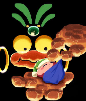 Rule 34 | aruco co, black background, character request, closed eyes, closed mouth, commentary request, dot mouth, green hat, hat, highres, kirby, kirby (series), nightcap, nintendo, no humans, polka dot headwear, sleep kirby, sleeping, under covers