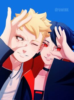 1boy 1girl artist_name black_choker black_hair black_sclera blonde_hair blue_background boruto:_two_blue_vortex choker collarbone colored_sclera commentary drawink earrings facial_mark grin highres jacket jewelry jougan mangekyou_sharingan multicolored_jacket naruto_(series) necklace ok_sign ok_sign_over_eye one_eye_closed red_eyes scar scar_across_eye scar_on_face sharingan short_hair smile two-tone_jacket uchiha_sarada uzumaki_boruto watermark whisker_markings white_eyes