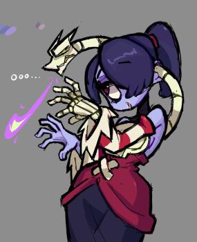 blue_hair blue_skin breath_weapon breathing_fire colored_skin dress fire grey_background hands_up leviathan_(skullgirls) mercysstrap outstretched_arms red_eyes side_ponytail skeletal_arm skeletal_hand skullgirls squigly_(skullgirls) stitched_mouth stitches zombie zombie_pose
