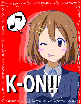 ! !! 1girl blush_stickers brown_eyes brown_hair closed_mouth copyright_name dot_nose feet_out_of_frame female_focus hair_between_eyes hair_ornament hairclip hirasawa_yui jacket k-on! long_sleeves one_eye_closed red_background ribbon sakuragaoka_high_school_uniform school_uniform shirt short_hair simple_background solo standing tongue tongue_out white_shirt