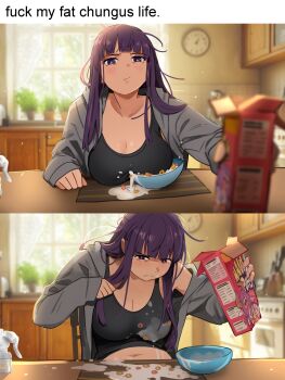1girl 2koma absurdres aura_(sousou_no_frieren) black_tank_top blunt_bangs blurry blurry_background bowl breast_pump breast_rest breasts breasts_on_table cereal cereal_box chair cleavage clock closed_mouth collarbone comic contemporary day english_text fern_(sousou_no_frieren) frown glaring grey_jacket highres holding inconvenient_breasts indoors jacket khyle. large_breasts long_hair long_sleeves looking_back messy_hair milk milking_machine navel open_clothes open_jacket plant plump potted_plant product_placement profanity purple_eyes purple_hair purple_pupils sitting sousou_no_frieren spilled_milk sunlight tank_top upper_body window