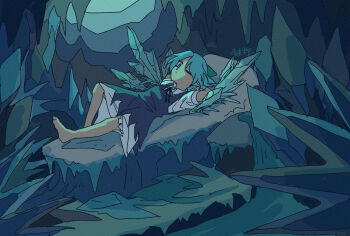 1girl barefoot blue_dress blue_eyes blue_hair bow cave cirno closed_mouth collared_shirt commentary detached_wings doggo_1d34 dress hair_bow highres ice ice_wings looking_at_viewer lying on_back one_eye_closed pinafore_dress puffy_short_sleeves puffy_sleeves shirt short_sleeves sleeveless sleeveless_dress solo toes touhou white_shirt wings