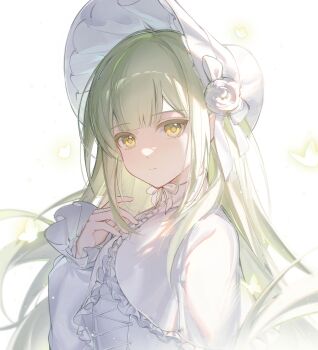 1girl absurdres animate_(company) animate_cafe bang_dream! bang_dream!_it's_mygo!!!!! blunt_bangs bonnet bug butterfly chinese_commentary closed_mouth commentary_request flower glowing green_hair hand_up highres insect kanvien lolita_fashion long_hair long_sleeves looking_at_viewer official_alternate_costume ribbon rose sidelocks solo upper_body wakaba_mutsumi white_background white_bonnet white_flower white_ribbon white_rose yellow_eyes