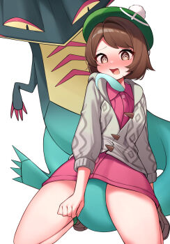 1girl @_@ absurdres blush brown_footwear brown_hair buttons cardigan clenched_hand collared_dress commentary_request dragapult dress gen_8_pokemon gloria_(pokemon) green_hat green_socks grey_cardigan hat highres hood hooded_cardigan kneeling korean_commentary leaning_back nintendo ooll_(wnxu4254) open_mouth pink_dress pokemon pokemon_(creature) pokemon_swsh pokephilia shoes short_hair socks tail_under_clothes tam_o&#039;_shanter tongue white_background