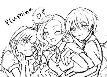 Rule 34 | 3girls, ;d, blush, closed mouth, collared shirt, commentary request, greyscale, group name, half-heart hands, hand on own cheek, hand on own face, harumiya yukuri, heart, highres, ikizulive! love live! bluebird, jacket, konohana aurora, looking at viewer, love live!, monochrome, multiple girls, one eye closed, open mouth, plumina (love live!), raised inner eyebrows, ryuuka (moriryuuuuu24), shirt, short-sleeved jacket, short sleeves, simple background, smile, split mouth, upper body, what is my life? (love live!), white background, yamada midori