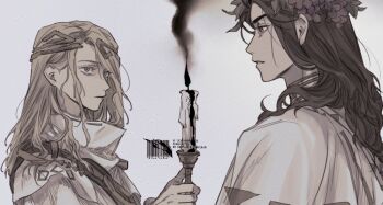 Rule 34 | 210 (reverse:1999), 2boys, 6 (reverse:1999), ancient greek clothes, black fire, blonde hair, blue eyes, brown hair, candle, candlestand, circlet, eye contact, face-to-face, fire, food-themed hair ornament, from side, grape hair ornament, greco-roman clothes, grey background, gyujik qzc, hair ornament, holding, holding candle, holding candlestand, long hair, looking at another, male focus, multiple boys, profile, reverse:1999, smoke, upper body