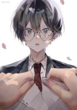 1boy 1girl a20190422 bad_id bad_twitter_id black-framed_eyewear black_hair black_jacket blazer collared_shirt crying crying_with_eyes_open diagonal-striped_clothes diagonal-striped_necktie envelope female_pov fingernails glasses grey_eyes hair_between_eyes highres holding holding_envelope jacket letter looking_at_viewer love_letter male_focus necktie open_mouth original petals portrait pov red_necktie rejection round_eyewear sad school_uniform shirt short_hair simple_background solo_focus striped_clothes tearing_paper tears tears_from_one_eye twitter_username white_background white_shirt