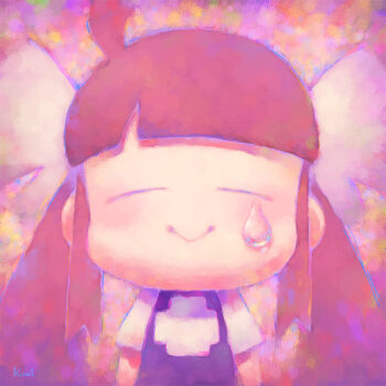 1girl ahoge archived_source artist_name black_dress blunt_bangs bow brown_hair chibi chibi_only closed_eyes closed_mouth commentary cross cross_print dress english_commentary hair_bow long_hair long_sidelocks low_twintails no_nose original painterly pastel_colors print_dress ruby-ko short_sleeves sidelocks single_tear smile solo straight-on tanaka_kunihiko triangle_mouth twintails upper_body white_bow white_sleeves