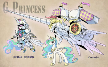 Rule 34 | canterlot (my little pony), princess celestia, character name, crossover, cutie mark, full body, gold trim, green hair, gundam, gundam 0083, hooves, horns, mecha, mechanization, multicolored hair, my little pony, my little pony: friendship is magic, parody, pastel colors, pink hair, pony (animal), purple eyes, robot, shepherd0821, single horn, tail, tiara, two-tone hair, wings