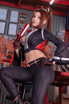 1girl black_boots black_jacket black_pants boots breasts brown_eyes brown_hair cosplay_photo cosplayer_request cropped_jacket fatal_fury fatal_fury:_city_of_the_wolves female_focus hand_fan hand_on_own_hip holding holding_fan jacket leather leather_jacket leather_pants matching_hair/eyes midriff navel pants photo_(medium) real_life shiranui_mai shiranui_mai_(cosplay) snk solo