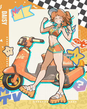 1girl ^_^ bare_arms bare_legs bare_shoulders bracelet brooch brown_hair character_name clenched_hands closed_eyes commentary crop_top daniel_deng dot_nose drop_shadow earrings english_commentary eyelashes flower flower_brooch flower_earrings full_body grin gym_shorts hair_flower hair_ornament halftone happy hat highres jewelry light_blush luma_(mario) mario_(series) mario_kart mario_kart_world medium_hair navel nintendo official_alternate_costume orange_background orange_sandals orange_shirt orange_shorts platform_sandals ponytail princess_daisy princess_daisy_(swimwear)_(mario_kart_world) ribs sandals shirt short_shorts shorts skinny smile solo standing star_(symbol) two-tone_background two-tone_shirt two-tone_shorts v-shaped_eyebrows visor_cap white_hat yellow_background yellow_flower yellow_shirt yellow_shorts