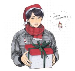 Rule 34 | 1boy, badge, black eyes, black hair, character request, chinese commentary, christmas, commentary request, copyright request, cropped torso, english text, gift, grey shirt, grey sleeves, hamster, hat, highres, holding, holding gift, light blush, long sleeves, looking at viewer, male focus, merry christmas, open mouth, plaid, plaid scarf, plaid shirt, plaid sleeves, polka dot, polka dot background, pom pom (clothes), red hat, red scarf, santa hat, scarf, shirt, short hair, simple background, smile, snowman, solo, teeth, upper teeth only, white background, ykyohi
