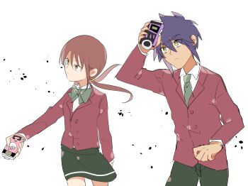 Rule 34 | 1boy, 1girl, absurdres, aged up, blue hair, brown hair, daimon chika, digimon, digimon savers, digivice, gotm tknr, highres, long hair, necktie, noguchi ikuto, ribbon, short hair, skirt