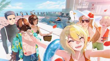 1other 6+boys 6+girls afloat animal animal_on_head bikini bird bird_on_head black_hair blonde_hair bodysuit brown_hair charon_(project_moon) coffee dante_(limbus_company) dark-skinned_female dark_skin diving_suit don_quixote_(project_moon) faust_(project_moon) glasses goggles goggles_on_head gregor_(project_moon) hair_between_eyes heathcliff_(project_moon) highres hong_lu_(project_moon) innertube ishmael_(project_moon) ksb_(qwop03) life_vest limbus_company long_hair looking_at_viewer meursault_(project_moon) multiple_boys multiple_girls on_head open_mouth outis_(project_moon) ponytail pool poolside project_moon rodion_(project_moon) running ryoshu_(project_moon) seagull short_hair sinclair_(project_moon) sunglasses swim_ring swimsuit toned toned_male v v-shaped_eyebrows vergilius_(project_moon) wetsuit yi_sang_(project_moon)