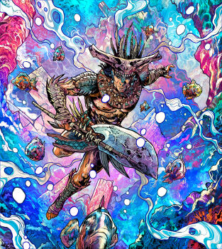 abstract_background air_bubble atlantis attuma_(marvel) axe aztec barefoot battle_axe black_panther:_wakanda_forever black_panther_(movie) black_panther_(series) bone bone_hair_ornament bracelet bubble colorful_background coral coral_reef dark-skinned_male dark_skin dynamic_pose feather_hair_ornament feathers fins fish fish_skeleton_hair_ornament glint hair_ornament highres holding holding_axe holding_bone holding_weapon jewelry marvel marvel_snap ocean official_art rock science_fiction shiny_skin sky skyline solo solo_focus sparkle star_(sky) starry_sky stone_axe submerged swimming topless_male underwater vinartwork water weapon western_comics_(style)