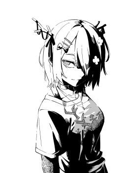1girl absurdres antler_ornament antler_ribbon antlers bow breasts ceres_fauna ceres_fauna_(goth) choker closed_mouth commentary english_commentary goth_fashion greyscale hair_bow hair_ornament hair_over_one_eye hairclip heart heart_o-ring heart_ring_choker highres hololive hololive_english horns lace lace_sleeves looking_at_viewer mazumaro medium_breasts mole mole_under_eye monochrome o-ring o-ring_choker official_alternate_costume official_alternate_hairstyle shirt short_hair short_sleeves smile solo t-shirt virtual_youtuber