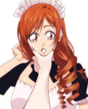 1girl apron bleach bow breasts brown_eyes curly_hair female_focus hand_on_chin hand_on_own_hair highres inoue_orihime long_hair looking_at_viewer maid_apron maid_headdress n_(nauki_11) open_mouth orange_hair shiny_skin simple_background teeth white_background