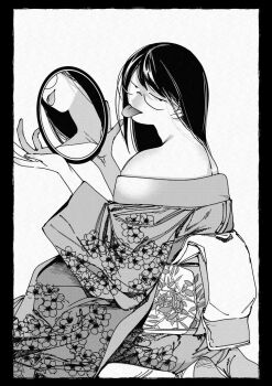 1girl :p bare_shoulders black_border border greyscale hachinuki_tessei holding holding_mirror japanese_clothes jimiko jitome kimono long_hair looking_at_viewer looking_back mirror mob_face moire monochrome neck obi original reflection round_eyewear sash semi-rimless_eyewear she_(hachinuki_tetsuyo) solo tongue tongue_out under-rim_eyewear