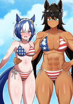 2girls abs absurdres american_flag american_flag_bikini american_flag_print animal_ears aramori_susumu arm_around_another's_waist bikini black-framed_eyewear black_hair blue_hair blush braid breasts bright_pupils cesario_(umamusume) commentary_request dark-skinned_female dark_skin day ear_ornament earrings expressionless eyewear_on_head falling_petals flag_print flag_print_bikini flying_sweatdrops green_eyes hair_between_eyes hair_ornament hand_on_another's_waist hand_on_own_hip height_difference high_ponytail highres horse_ears horse_girl horse_tail jewelry large_breasts long_hair looking_at_viewer medium_breasts more_muscular_than_canon multicolored_hair multiple_girls muscular muscular_arms muscular_female navel one_eye_closed open_mouth outdoors outstretched_arm petals ponytail print_bikini purple_eyes shiny_skin short_hair side-tie_bikini_bottom skindentation smile split_ponytail stomach sunglasses sweat swimsuit symboli_kris_s_(umamusume) tail two-tone_hair umamusume very_long_hair white_hair