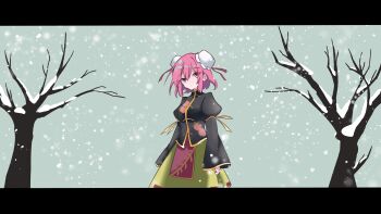 1girl bare_tree black_shirt bun_cover chinese_commentary closed_mouth commentary_request cowboy_shot double_bun expressionless green_skirt hair_bun highres ibaraki_kasen juliet_sleeves letterboxed long_sleeves looking_at_viewer pink_eyes pink_hair puffy_sleeves que_si_tian_yu_ze shirt short_hair skirt snow snowing solo touhou tree