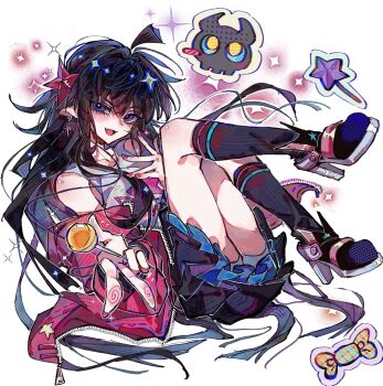 1girl absurdres aotu_world bare_shoulders black_hair black_skirt black_socks blue_eyes blue_skirt blush candy chinese_commentary creature earrings fang food full_body hair_ornament high_heels highres holding holding_candy holding_food holding_lollipop jacket jewelry kaili_(aotu_world) kneehighs layered_skirt lollipop long_hair looking_at_viewer microphone muguangshanshan82864 nail_polish off_shoulder official_alternate_costume old_bone_(aotu_world) open_clothes open_jacket open_mouth piercing pink_jacket pink_nails pleated_skirt pointy_ears sandals shirt shoes sidelocks skin_fang skirt sleeveless sleeveless_shirt smile socks solo sparkle star_(symbol) striped_clothes striped_socks very_long_hair white_background white_sandals white_shirt zipper zipper_pull_tab