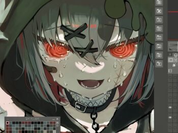 Rule 34 | 1girl, @ @, art program in frame, black collar, chain, collar, colored inner hair, commentary request, crying, crying with eyes open, grey hair, hair ornament, hood, hood up, looking at viewer, mahou shoujo no majo saiban, multicolored hair, open mouth, portrait, red eyes, shito alisa, short hair, smile, solo, tears, tentan (10tan a), unfinished, x hair ornament