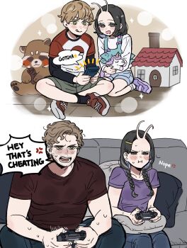 1boy 1girl :d :q aged_down anger_vein antlers black_eyes black_pants blush brown_hair commentary controller denim english_commentary facial_hair game_controller guardians_of_the_galaxy highres holding holding_controller holding_game_controller horns house jeans long_hair mantis_(marvel) marvel marvel multicolored_hair multiple_views nahnohk nintendo notice_lines open_mouth pants peter_quill pillow playing_games poke_ball_print pokemon pout red_shirt shirt short_hair short_sleeves shorts smile stuffed_raccoon stuffed_unicorn tongue tongue_out two-tone_hair