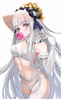 1girl absurdres blowing_bubbles bra braid braided_sidelock breasts chewing_gum commentary detached_sleeves english_commentary fate/strange_fake fate_(series) francesca_prelati_(fate) grey_eyes highres lace lace-trimmed_thighhighs lace_trim lingerie long_hair long_sidelocks medium_breasts monochoronos79513 navel panties sidelocks sleeves_past_wrists solo thighhighs thighs underwear very_long_hair very_long_sidelocks white_background white_bra white_hair white_panties white_sleeves white_thighhighs