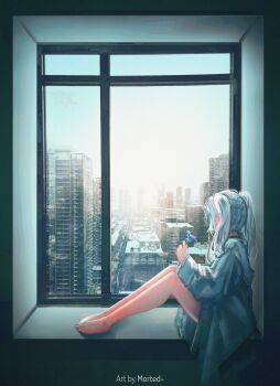 1girl absurdres artist_name barefoot blue_flower building city cityscape commentary contemporary elf english_commentary feet flower frieren from_inside from_side full_body highres holding holding_flower indoors knees_up long_hair long_sleeves looking_to_the_side morted_art on_windowsill pointy_ears road scenery sitting skyline skyscraper solo sousou_no_frieren toes twintails white_hair window