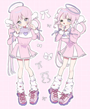 Rule 34 | > o, 1girl, :<, ;3, ;d, blush stickers, bow, closed mouth, commentary request, dress, frilled dress, frills, full body, hair ornament, hair rings, halo, hands up, heart, highres, juliet sleeves, long hair, long sleeves, looking at viewer, multiple views, niyu (nennenkorori3), one eye closed, open mouth, original, outline, pink background, pink hair, pink shoes, puffy sleeves, purple bow, purple halo, shoes, short dress, simple background, sleeve bow, smile, sneakers, socks, standing, white bow, white dress, white outline, white socks, wing hair ornament
