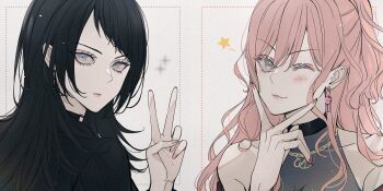 Rule 34 | 2girls, :3, bang dream!, bang dream! girls band party!, bang dream! it's mygo!!!!!, black choker, black hair, black jacket, blackfangs, blue eyes, brown hair, chinese commentary, choker, closed mouth, commentary request, earrings, highres, imai lisa, instrument connection, jacket, jewelry, long hair, looking at viewer, multiple girls, off shoulder, upper body, v, v over mouth, yahata umiri