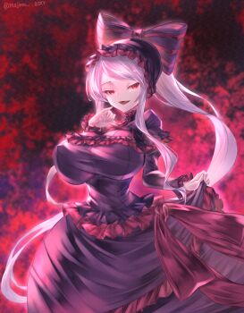 Rule 34 | 1girl, absurdres, artist name, breasts, commentary request, commission, dress, fangs, gothic lolita, grey hair, highres, large breasts, lolita fashion, long hair, majinno, open mouth, overlord (maruyama), ponytail, purple dress, red eyes, shalltear bloodfallen, skeb commission, smile, solo, twitter username, vampire