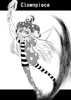 1girl american_flag_dress american_flag_legwear arm_up ayana_mizuki character_name clownpiece commentary_request fairy_wings full_body greyscale grin hat highres holding holding_torch jester_cap looking_at_viewer monochrome neck_ruff no_shoes pointy_ears polka_dot_hat ringed_eyes sharp_teeth short_sleeves smile solo star_(symbol) star_print teeth torch touhou wings