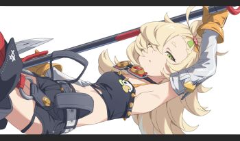 1girl :o absurdres arm_up armpits axe belt black_shirt black_shorts blonde_hair breasts crop_top detached_pants detached_sleeves gloves goggles goggles_around_neck green_eyes grey_belt hair_bun hair_ornament half-closed_eyes highres holding holding_axe laika_(sputnik2nd) loli long_hair looking_at_viewer lying messy_hair pants piper_wheel red_pants shirt short_shorts shorts single_hair_bun small_breasts solo spiked_shirt thighs white_background white_sleeves yellow_gloves zenless_zone_zero
