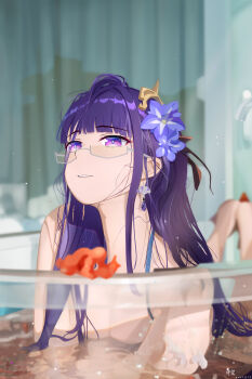 1girl absurdres bath bathing breasts cleavage commentary_request completely_nude earrings genshin_impact glasses hair_ornament highres jewelry mature_female nude purple_eyes purple_hair raiden_shogun shenle