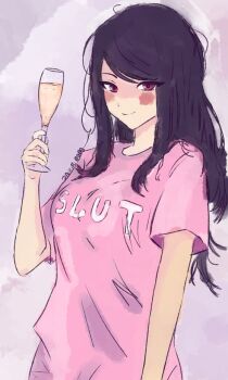 1girl black_hair blush commentary cup daikiri0000 drinking_glass english_commentary highres jill_stingray long_hair pink_shirt red_eyes shirt slut_shirt smile solo va-11_hall-a wine_glass