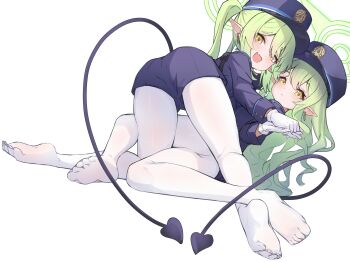 2girls black_tail blue_archive blue_shorts blush buttoned_cuffs buttons closed_mouth demon_girl demon_tail dot_nose earrings expressionless fang feet gloves green_eyes green_hair green_halo hair_between_eyes halo hat highres hikari_(blue_archive) holding_hands interlocked_fingers jewelry loli long_hair long_sleeves looking_at_viewer looking_back multiple_girls no_shoes nozomi_(blue_archive) open_mouth pantyhose pantyhose_under_shorts peaked_cap pointy_ears ren_ruisou shorts siblings simple_background sisters skin_fang sleeve_cuffs smile soles straight_hair tail toes train_conductor twins twintails white_background white_gloves white_pantyhose
