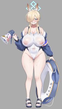 1girl absurdres animal_ear_fluff animal_ears awan_raccoon blonde_hair blue_archive blue_eyes blue_sandals blush breasts cleavage clenched_teeth collarbone commentary_request covered_navel donut food full_body grey_background hair_over_one_eye halo highres holding holding_megaphone huge_breasts jacket long_hair looking_at_viewer megaphone off_shoulder one-piece_swimsuit open_mouth sandals sharp_teeth simple_background solo standing straight-on sweat swimsuit teeth thick_thighs thighs