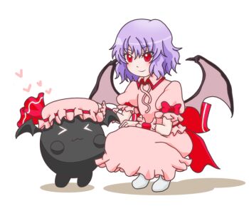 >_< 1boy 1girl :3 bat_wings black_skin blue_hair blush bow chibi closed_eyes colored_skin crossover fernandez hat hat_ribbon heart m.u.g.e.n mob_cap pink_hat puffy_sleeves red_bow red_eyes remilia_scarlet ribbon sharing short_hair short_sleeves smile squatting torikokoro touhou waist_bow waku_waku_7 wings wrist_cuffs x3