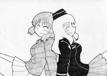 Rule 34 | 2girls, black hat, black jacket, blush, closed eyes, garrison cap, girls und panzer, giruto, greyscale, hand on ground, hat, itsumi erika, jacket, kuromorimine military uniform, long hair, monochrome, multiple girls, nishizumi miho, ooarai military uniform, short hair, smile
