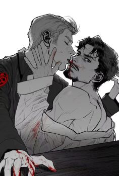 2boys avengers_(series) bare_shoulders blood blood_on_clothes blood_on_face blood_on_hands closed_eyes clothes_down facial_hair fingernails greyscale hand_on_another&#039;s_face hand_up highres jacket lanita_1212 lapels licking long_sleeves looking_at_viewer male_focus marvel monochrome multiple_boys nosebleed octopus_print open_mouth short_hair skirt steve_rogers table teeth tongue tongue_out tony_stark upper_body yaoi